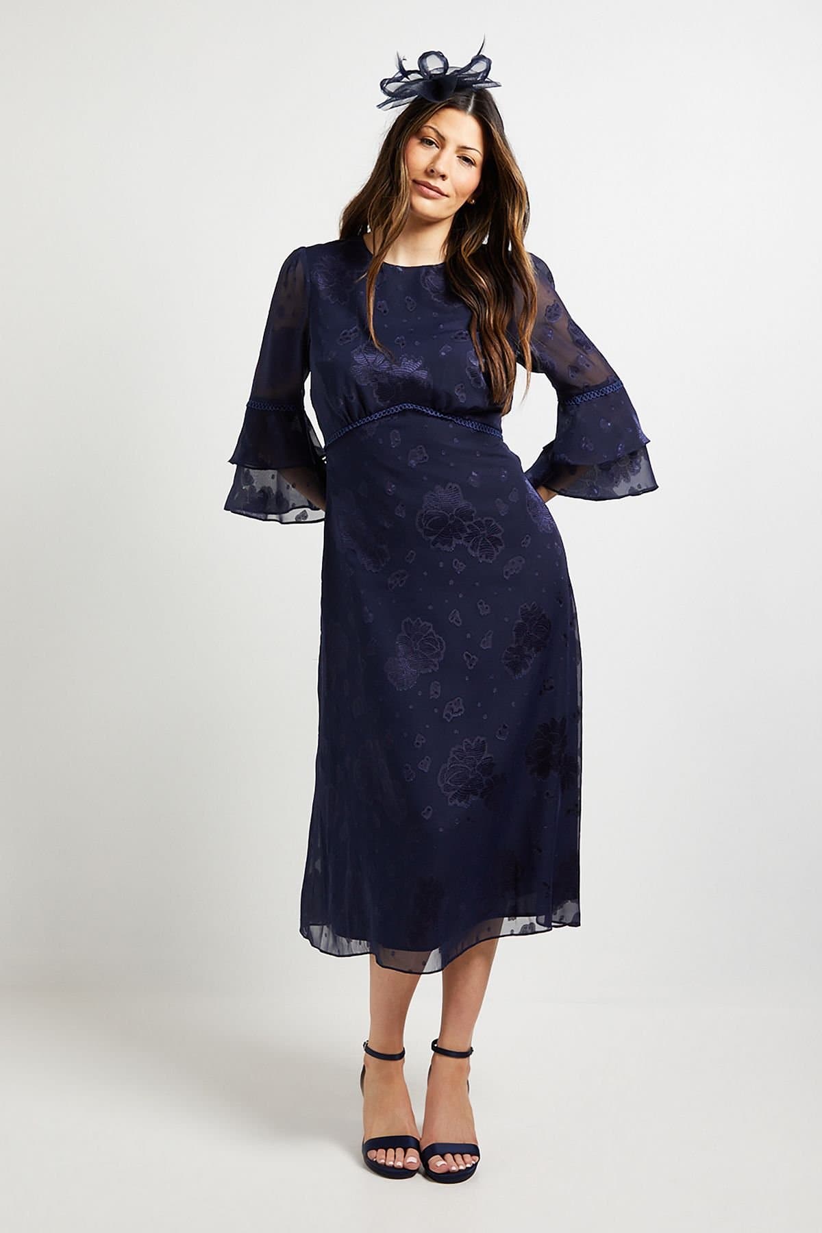 Wallis Wallis Women's Burn Out Ruffle Sleeve Midi Dress in Navy
