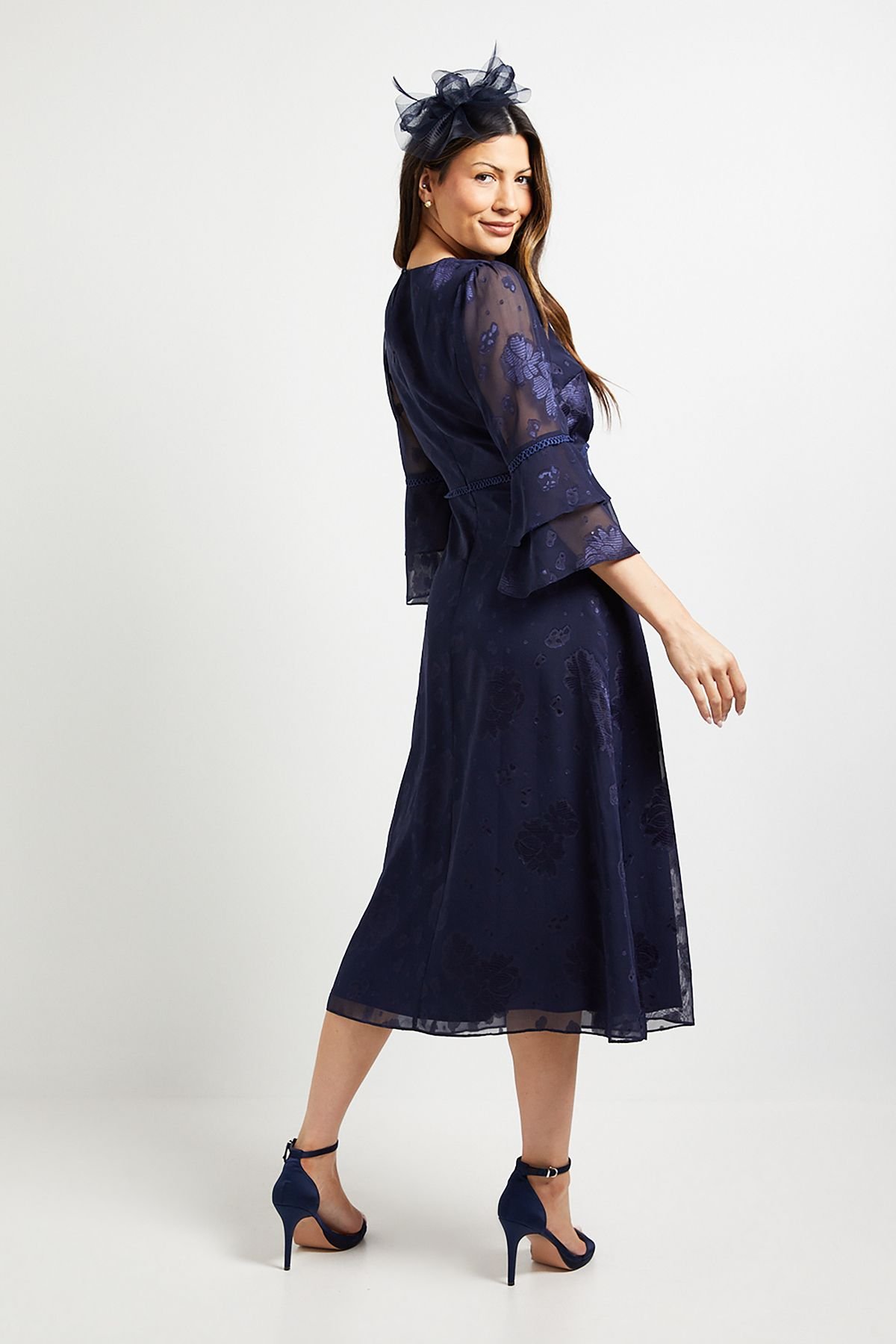 Wallis Wallis Women's Burn Out Ruffle Sleeve Midi Dress in Navy - 3