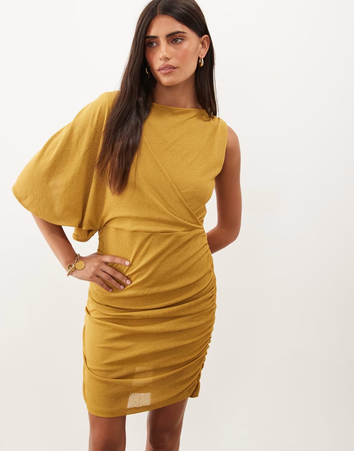 ASOS ASOS DESIGN boat neck draped mini dress in brown - 1