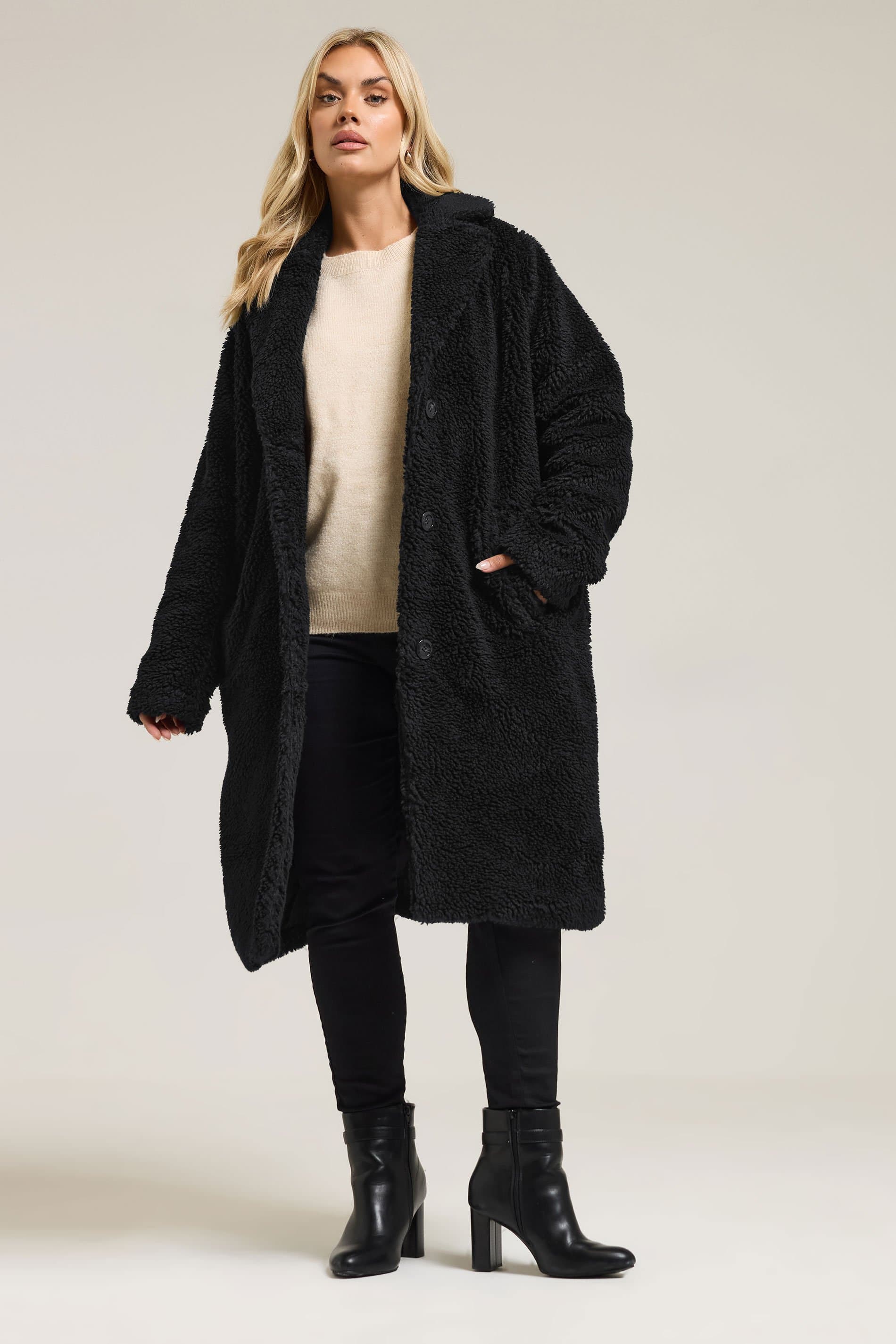 Yours Plus Size Black Teddy Midi Coat