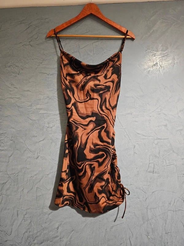 Topshop Topshop new black brown abstract ruched side cow neck and back mini dress