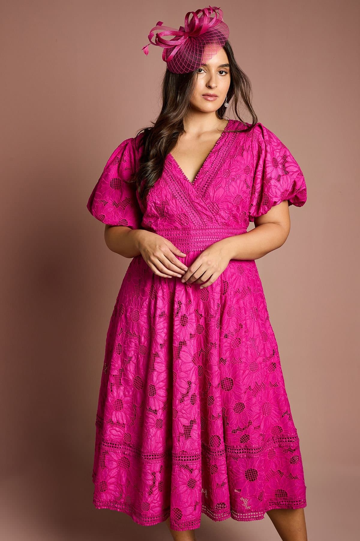Coast Coast Women's Plus Lace Midi Dress With Puff Sleeve in Hot Pink