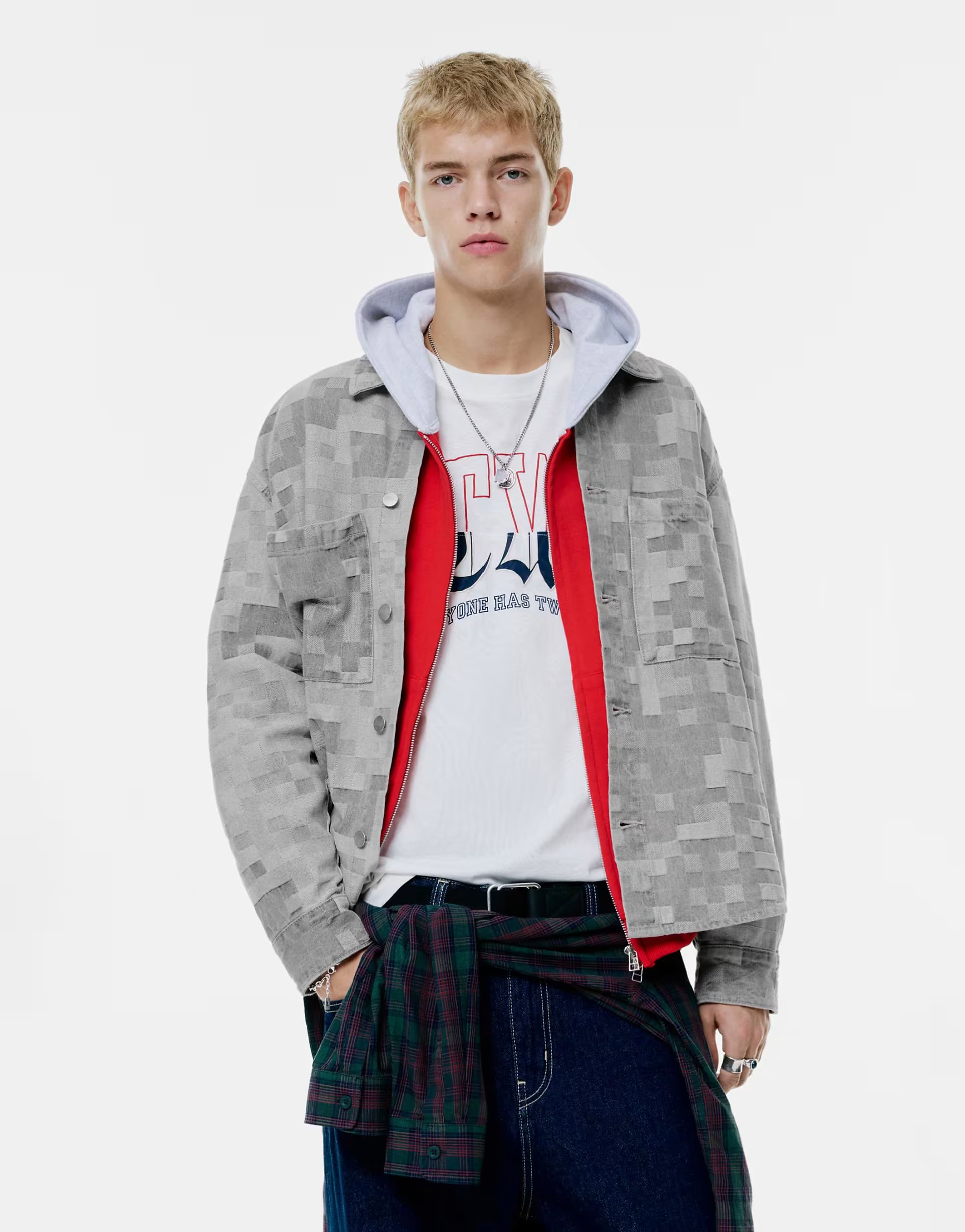 ASOS Pull&Bear Plaid jacquard denim shirt in pale grey - 1