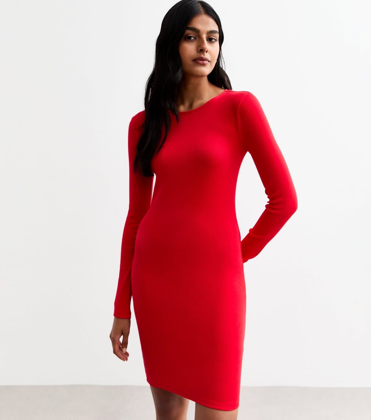 New Look Women's Red Ribbed Long Sleeved Mini Dress New Look