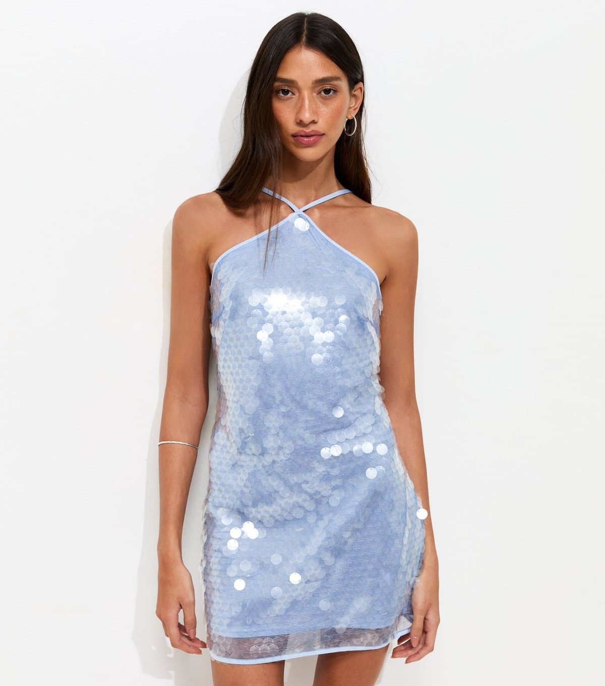 New Look Women's Blue Sequinned Halter Neck Mini Dress New Look