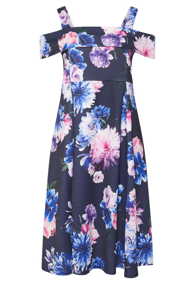 Yours Yours Women's Cold Shoulder Floral Skater Dress in Dark Navy - 2