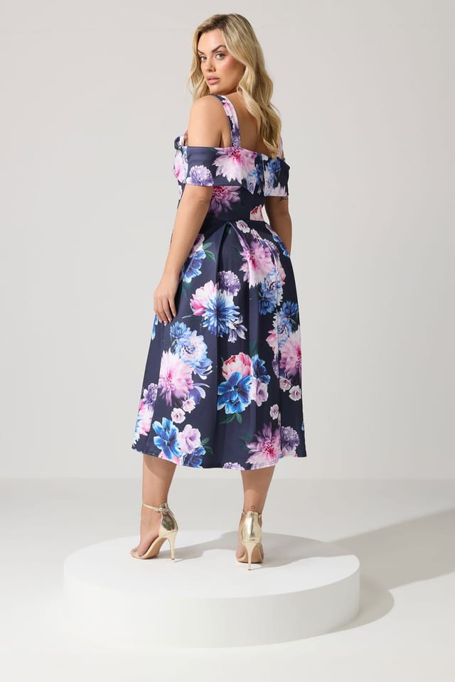 Yours Yours Women's Cold Shoulder Floral Skater Dress in Dark Navy - 3