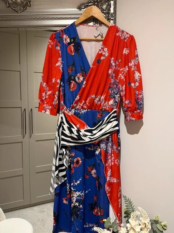 ASOS Red and purple floral midaxi dress with zebra print belt detail