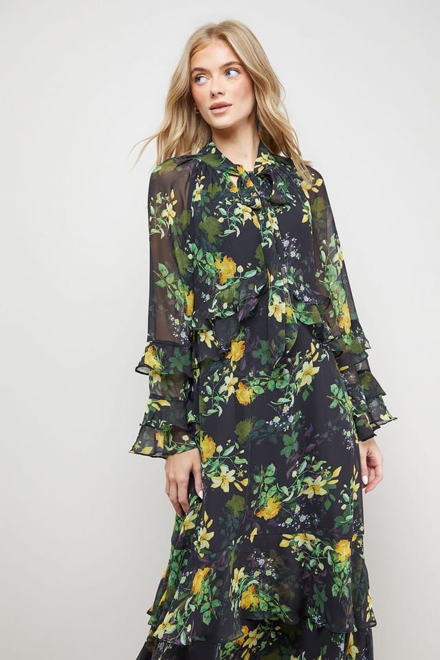 Oasis Oasis Women's Printed Tie Neck Ruffle Detail Maxi Dress in Floral - 2