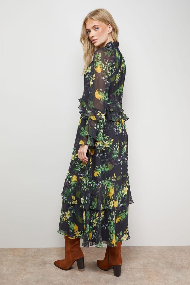 Oasis Oasis Women's Printed Tie Neck Ruffle Detail Maxi Dress in Floral - 3