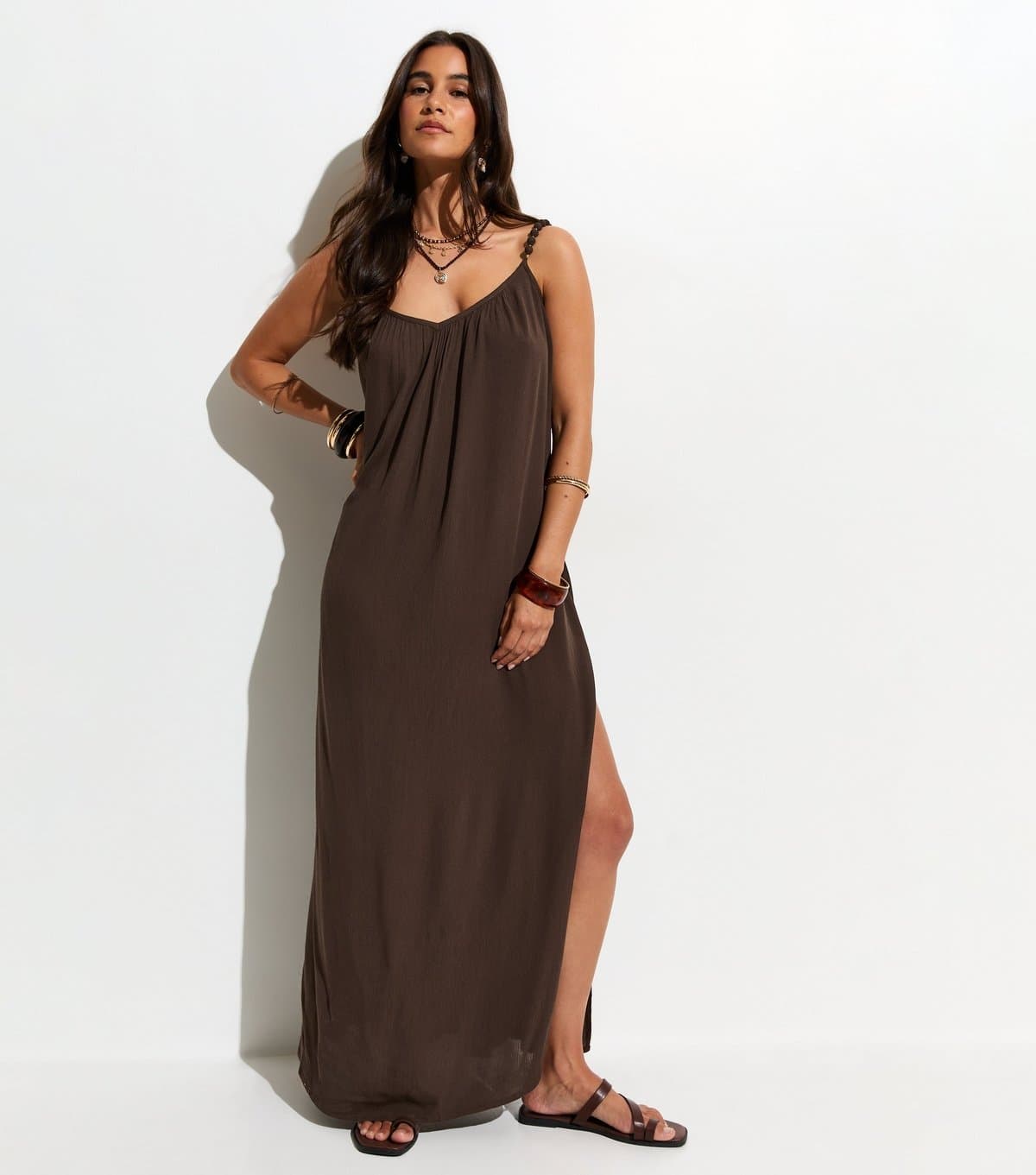 New Look Women's Dark Brown Crinkle Texture Beaded Maxi Dress New Look