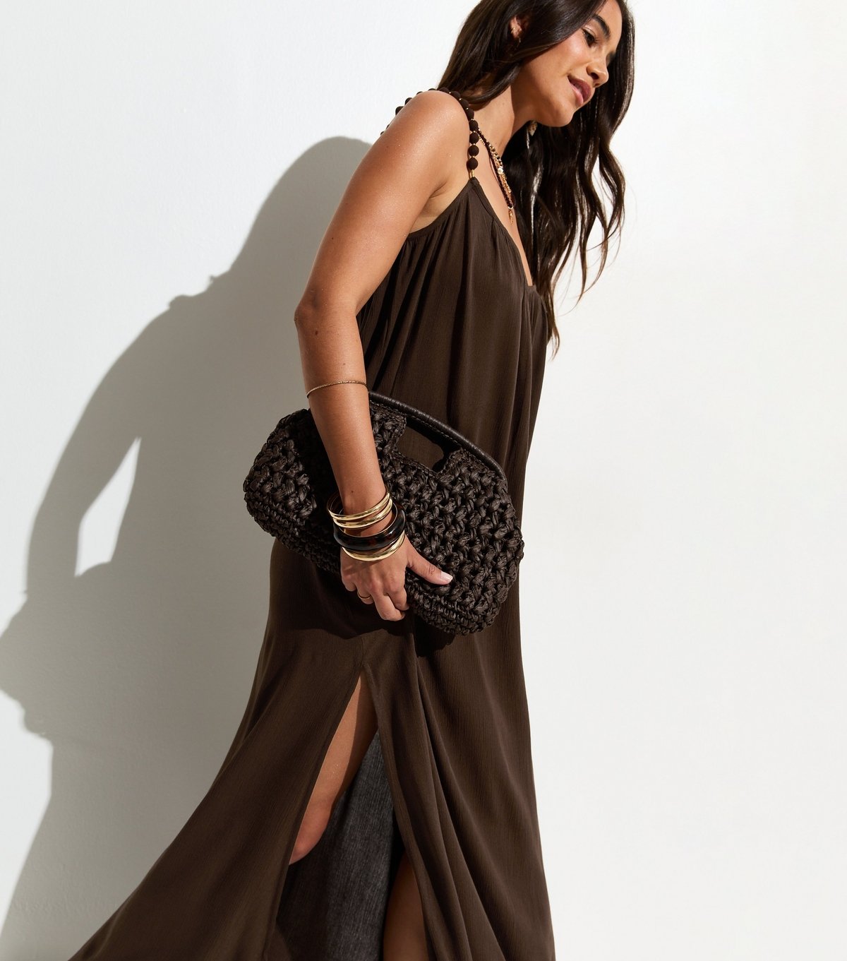 New Look Women's Dark Brown Crinkle Texture Beaded Maxi Dress New Look - 3