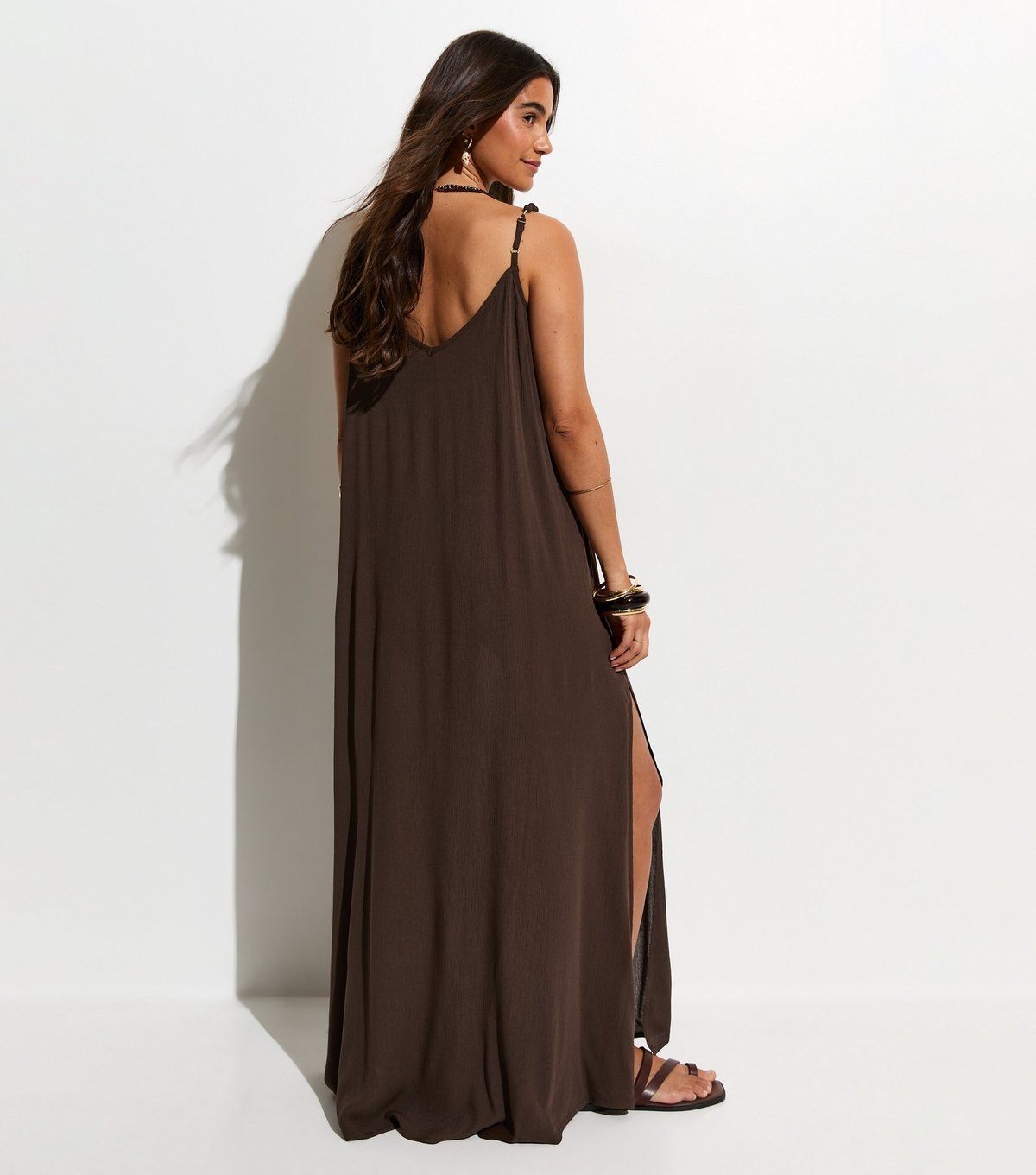 New Look Women's Dark Brown Crinkle Texture Beaded Maxi Dress New Look - 4