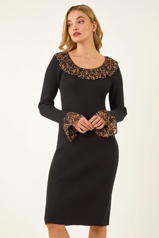 DUSK Dusk Women's Leopard Frill Knitted Dress in Black - 2