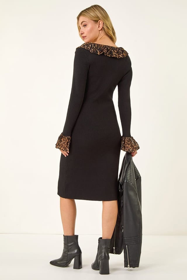 DUSK Dusk Women's Leopard Frill Knitted Dress in Black - 3