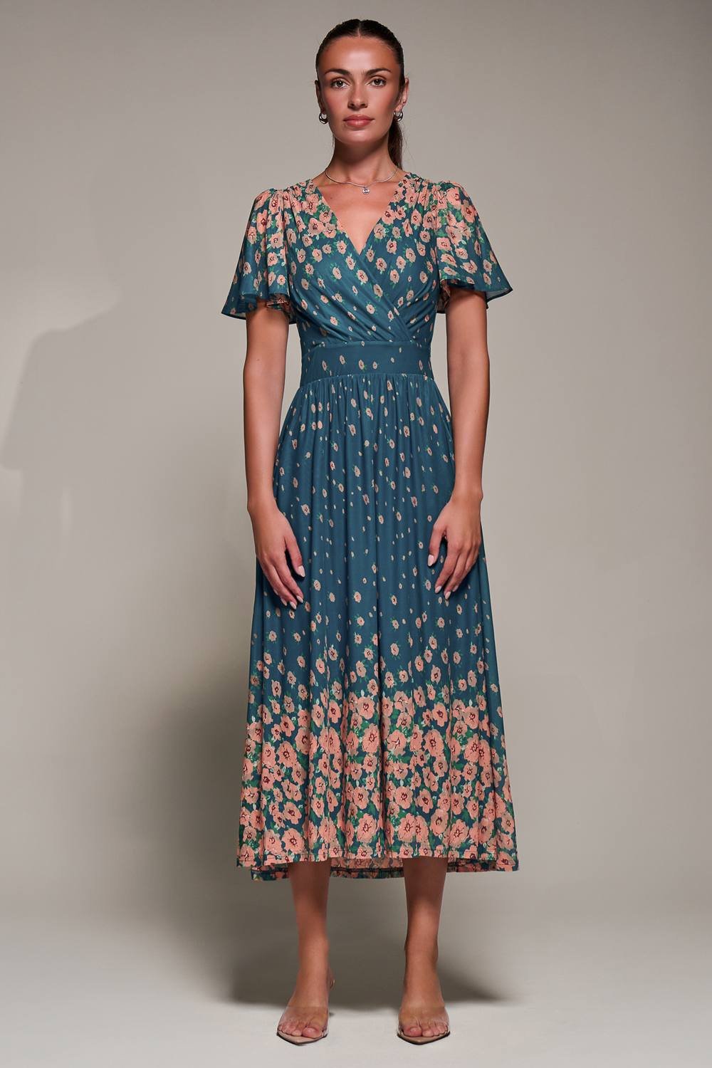 Jolie Moi Jolie Moi Women's Mirrored Mesh Short Sleeve Midaxi Dress in Teal - 2