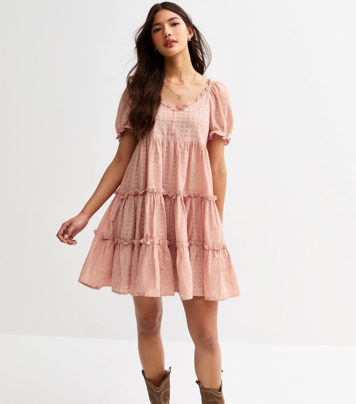 New Look Women's Pink Textured Tiered Mini Smock Dress New Look