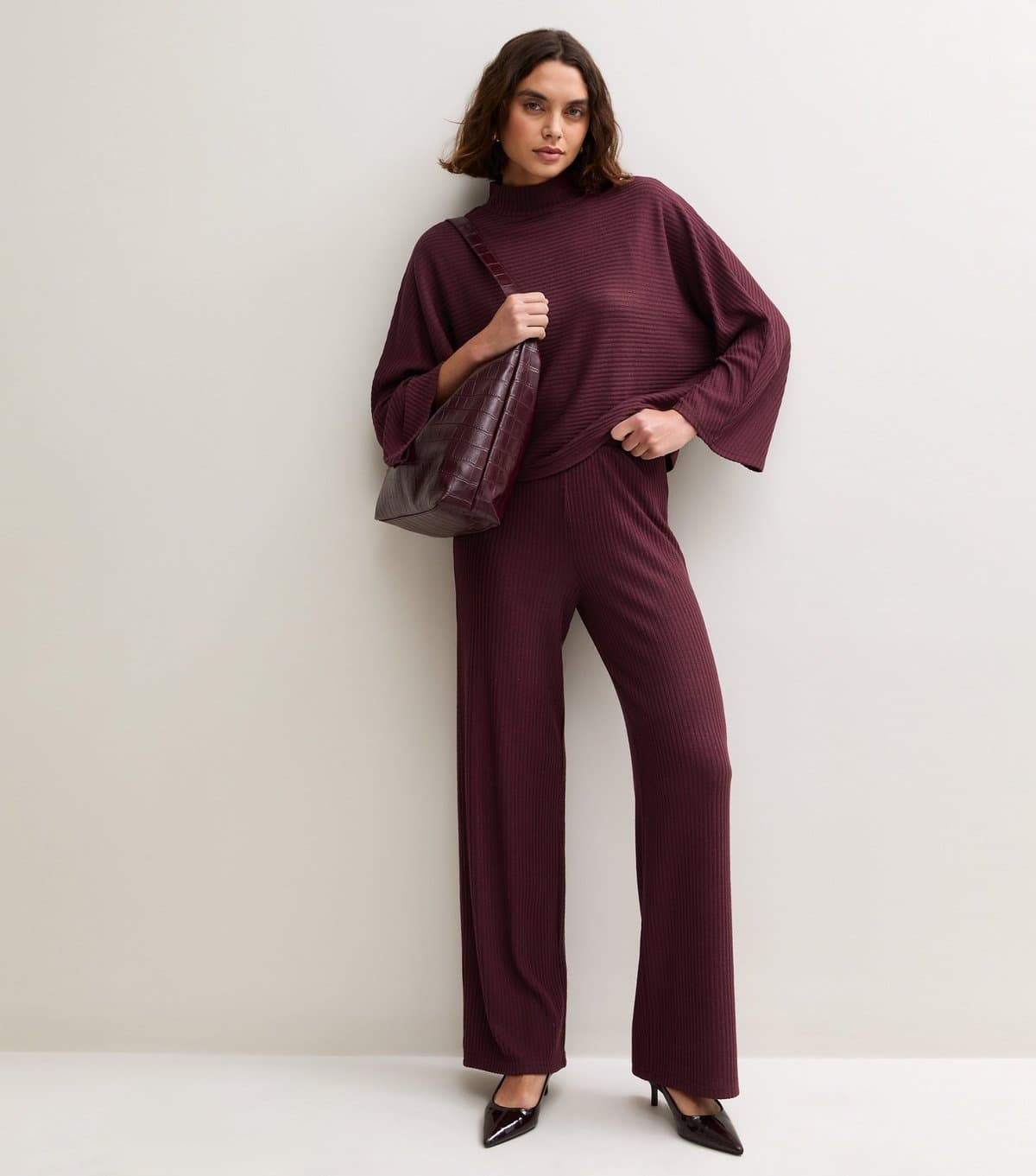 New Look Women's Tall Dark Burgundy Soft Touch Ribbed Trousers New Look