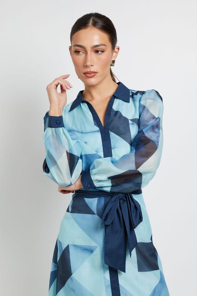 Principles Principles Women's Organza Volume Sleeve Midi Dress in Turquoise - 2