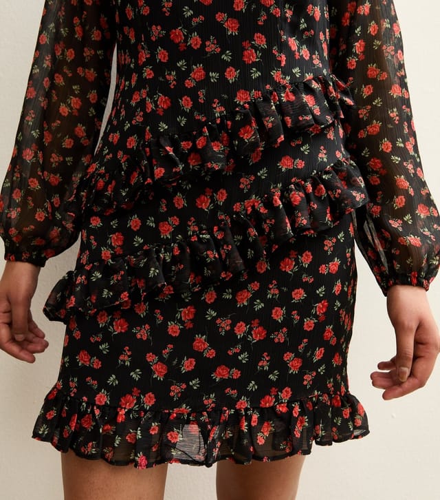 New Look Women's Black Floral Ruffle Long Sleeve Chiffon Mini Dress New Look - 2