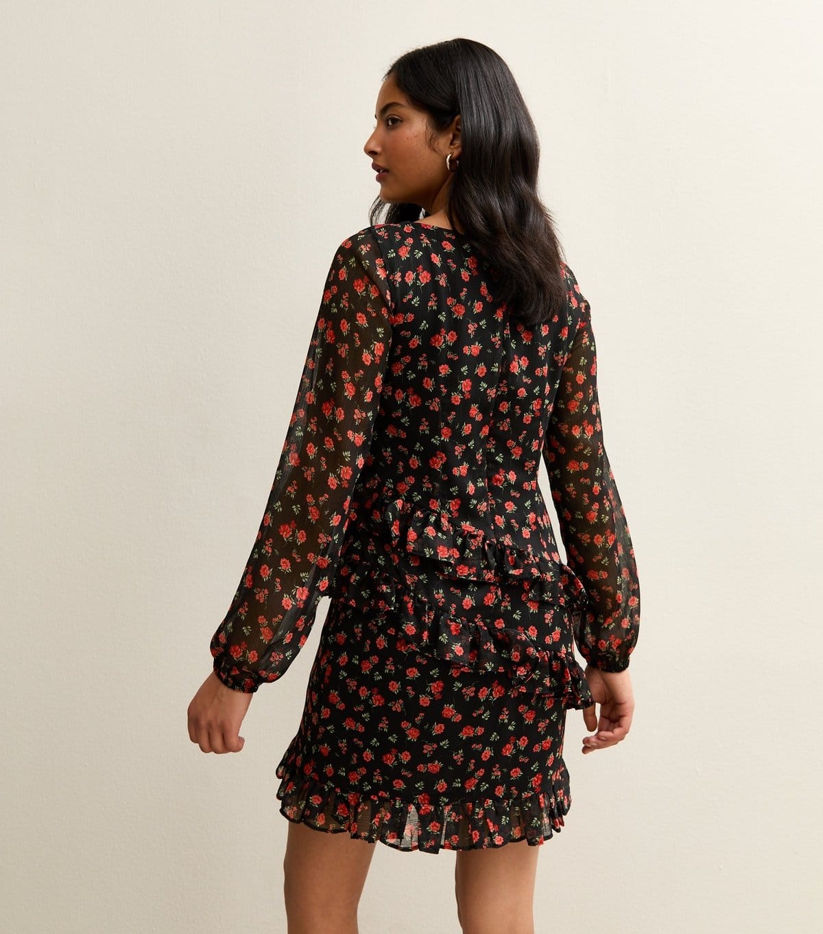 New Look Women's Black Floral Ruffle Long Sleeve Chiffon Mini Dress New Look - 4