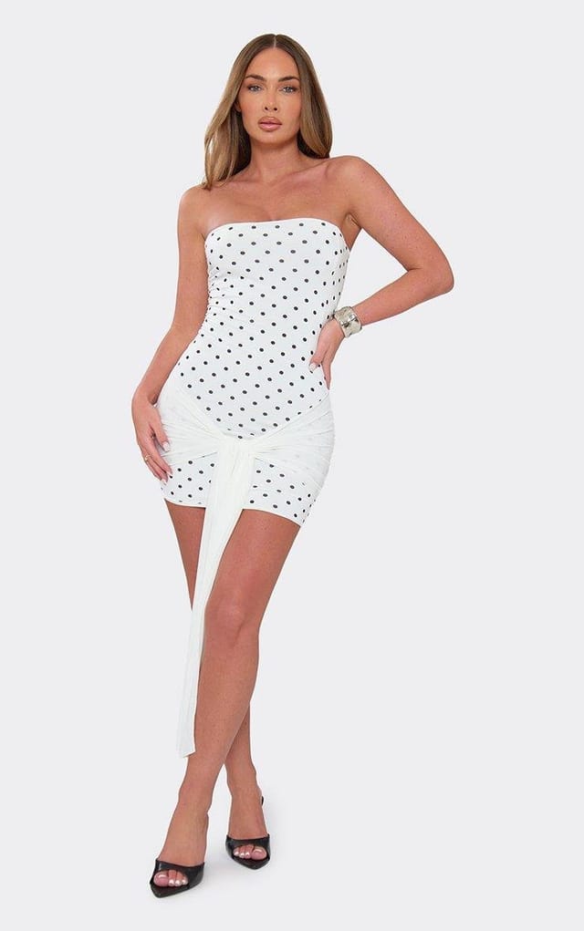 EGO Bandeau Contrast Tie Drape Mini Dress In White Polka Dot, Women's Size UK 6 - 2
