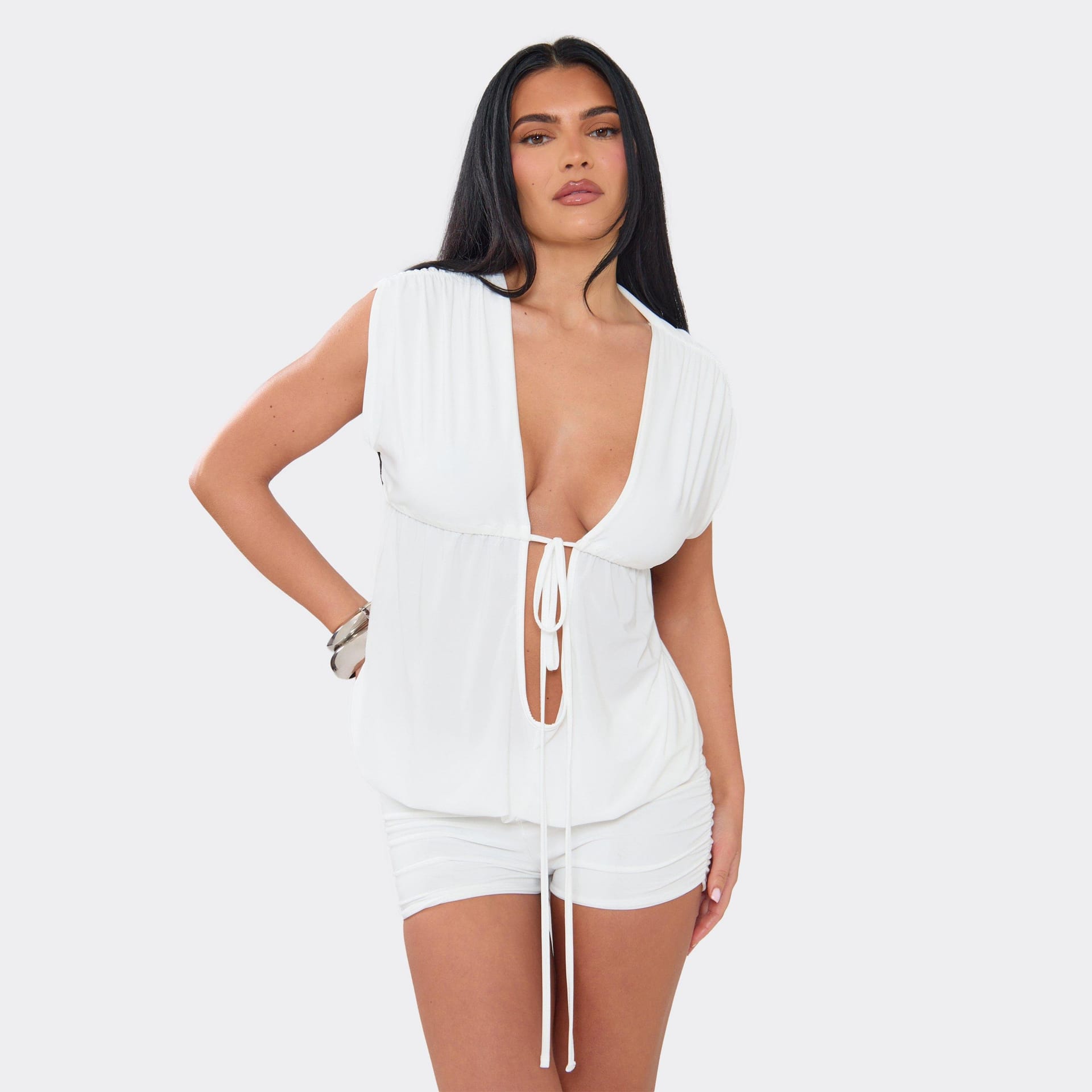 EGO Sleeveless Plunge Tie Front Ruched Blouson Playsuit In White