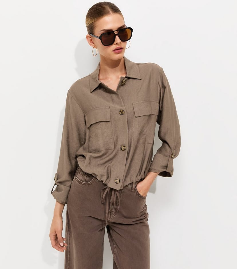 New Look Women's Stone Crinkle Texture Bubble Hem Button Front Shirt New Look - 1