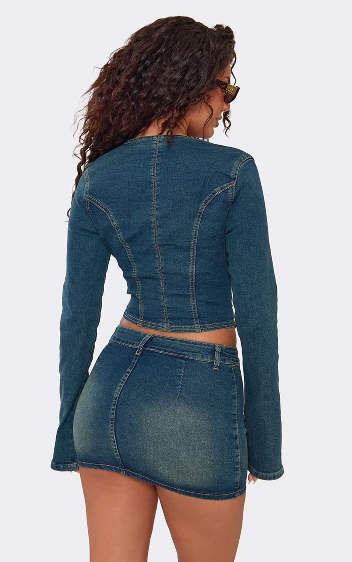 EGO Long Sleeve Seam Detail Top In Dark Vintage Blue Denim, Women's Size UK 6