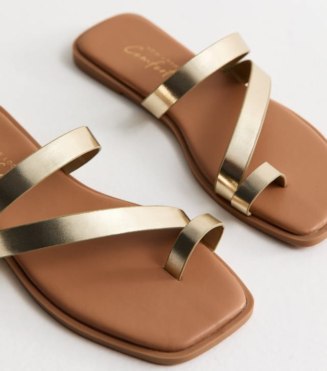 New Look Women's Gold Faux Leather Multi Strap Toe Post Sandals Vegan New Look - 3