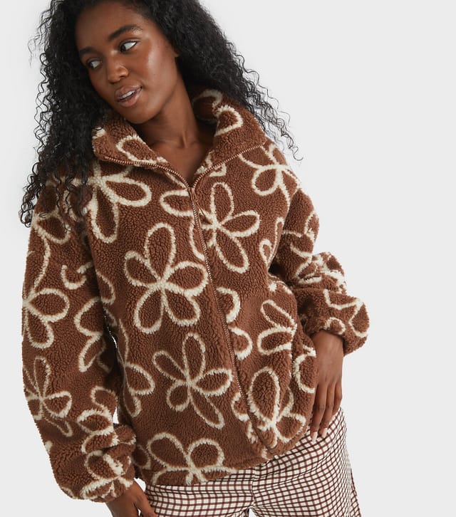 Skinnydip Women's Light Brown Doodle Flower Borg Jacket Skinnydip New Look - 3