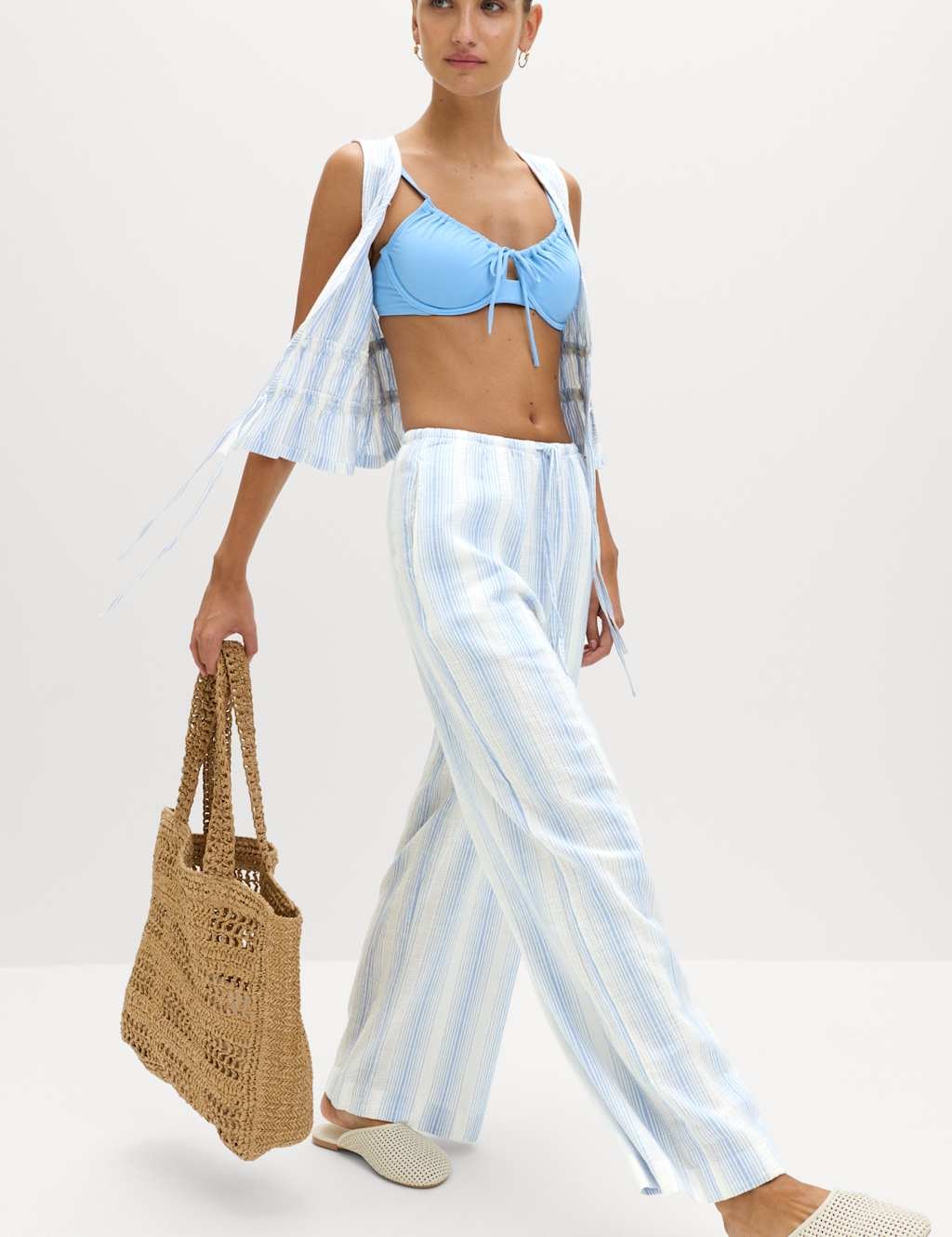 Marks & Spencer M&S Pure Cotton Striped Beach Trousers Blue Mix - 3