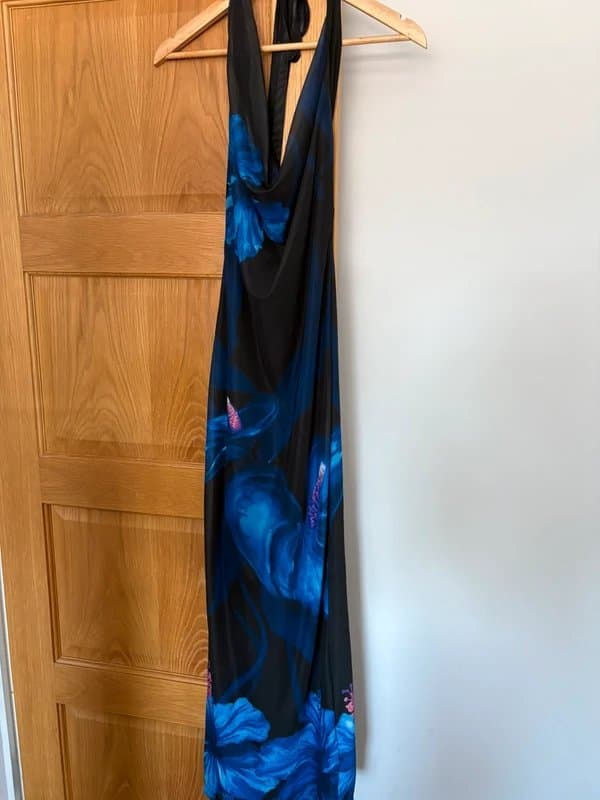 Shein Black blue floral halter drape maxi S