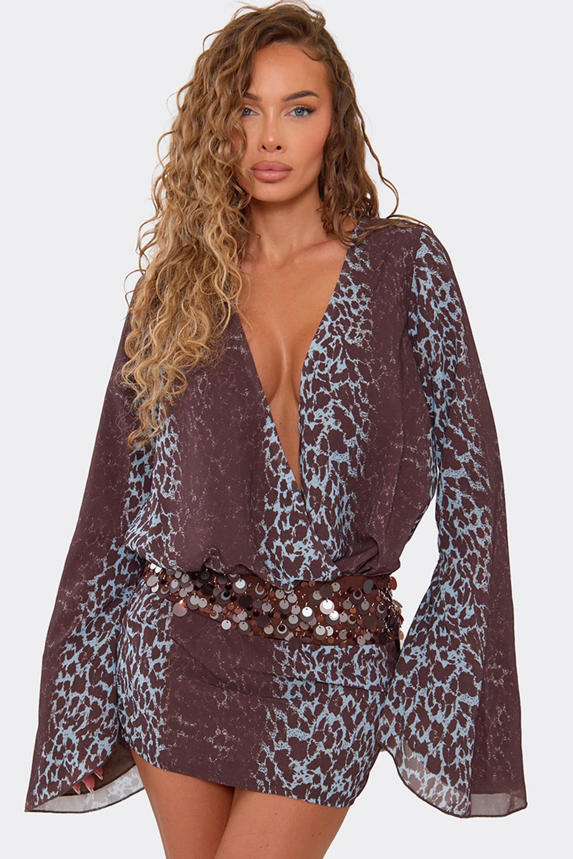 EGO EGO Women's Long Sleeve Contrast Leopard Print Mini Dress in Dark Brown