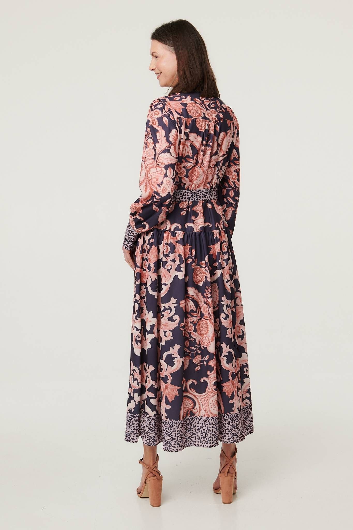 Izabel London Izabel London Women's Border Print High Neck Maxi Shirt Dress in Navy - 3