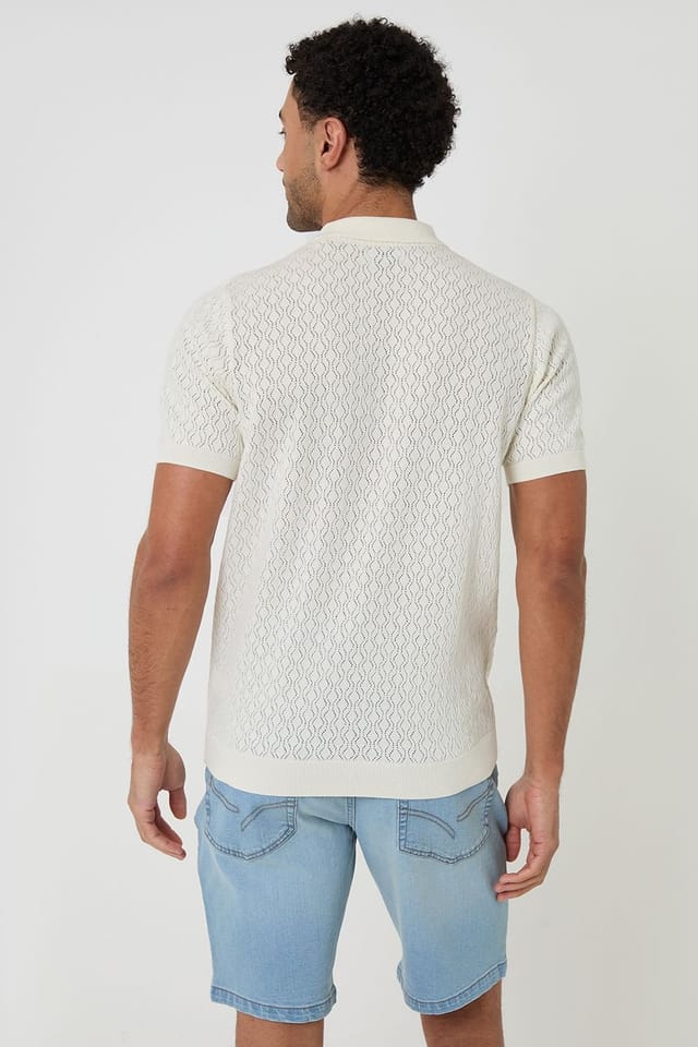 Threadbare Threadbare Men's Cotton Textured Knit Short Sleeve Polo in Natural - 2