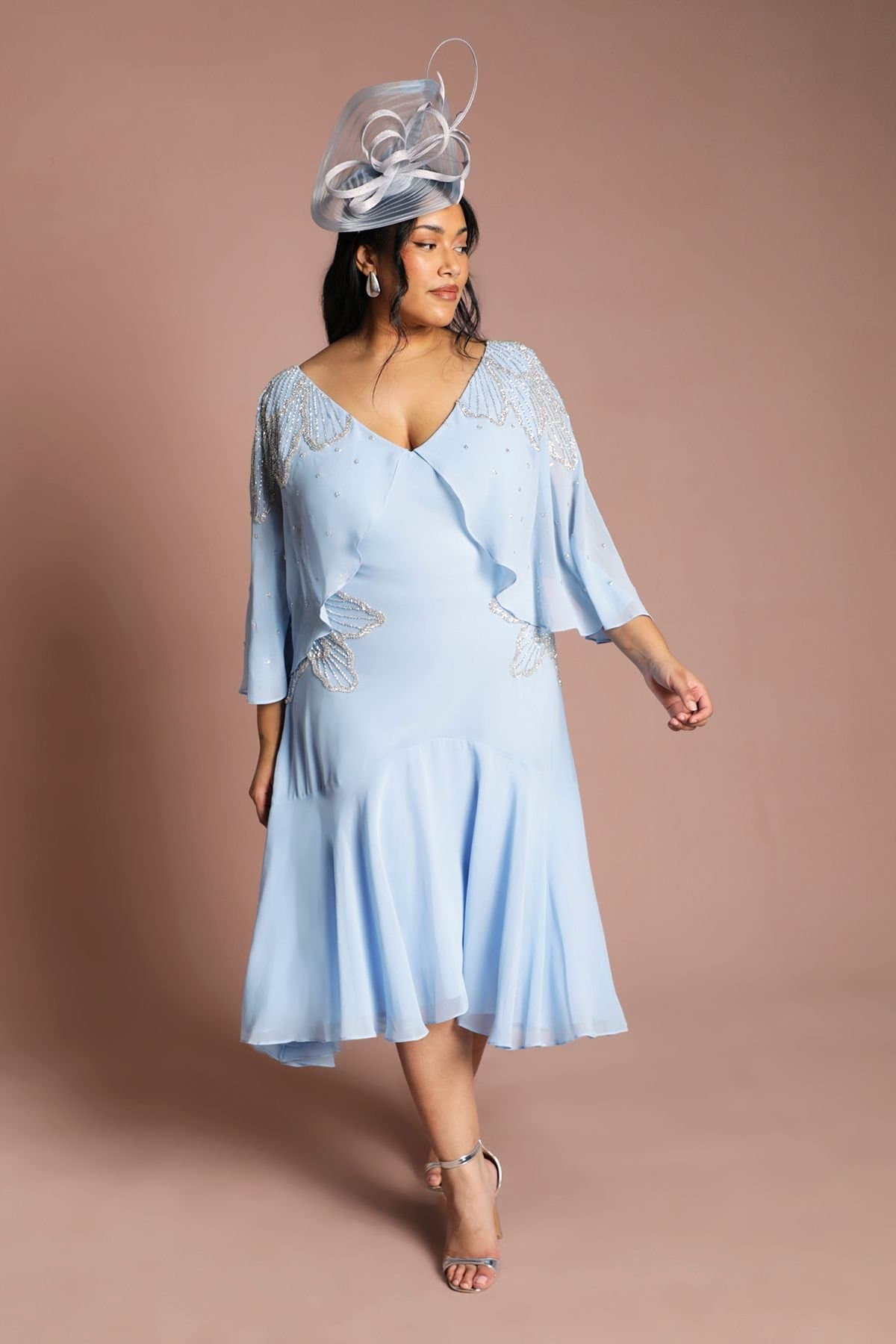 Coast Coast Women's Plus Embellished Midi Dress With Cape Sleeves in Powder Blue