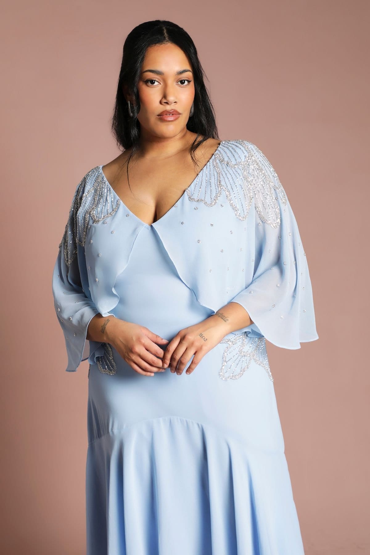 Coast Coast Women's Plus Embellished Midi Dress With Cape Sleeves in Powder Blue - 4