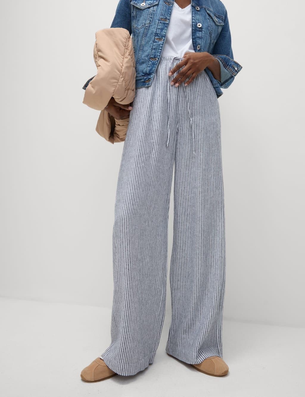 Marks & Spencer M&S Grey Linen Blend Wide Leg Trousers