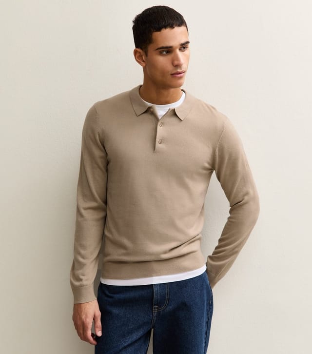 New Look Men's Light Brown Regular Long Sleeve Polo Top New Look - 2