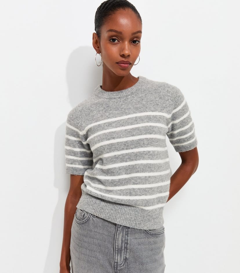 New Look Women's Grey Knitted Horizontal Stripe Set In Sleeve T-Shirt New Look - 1