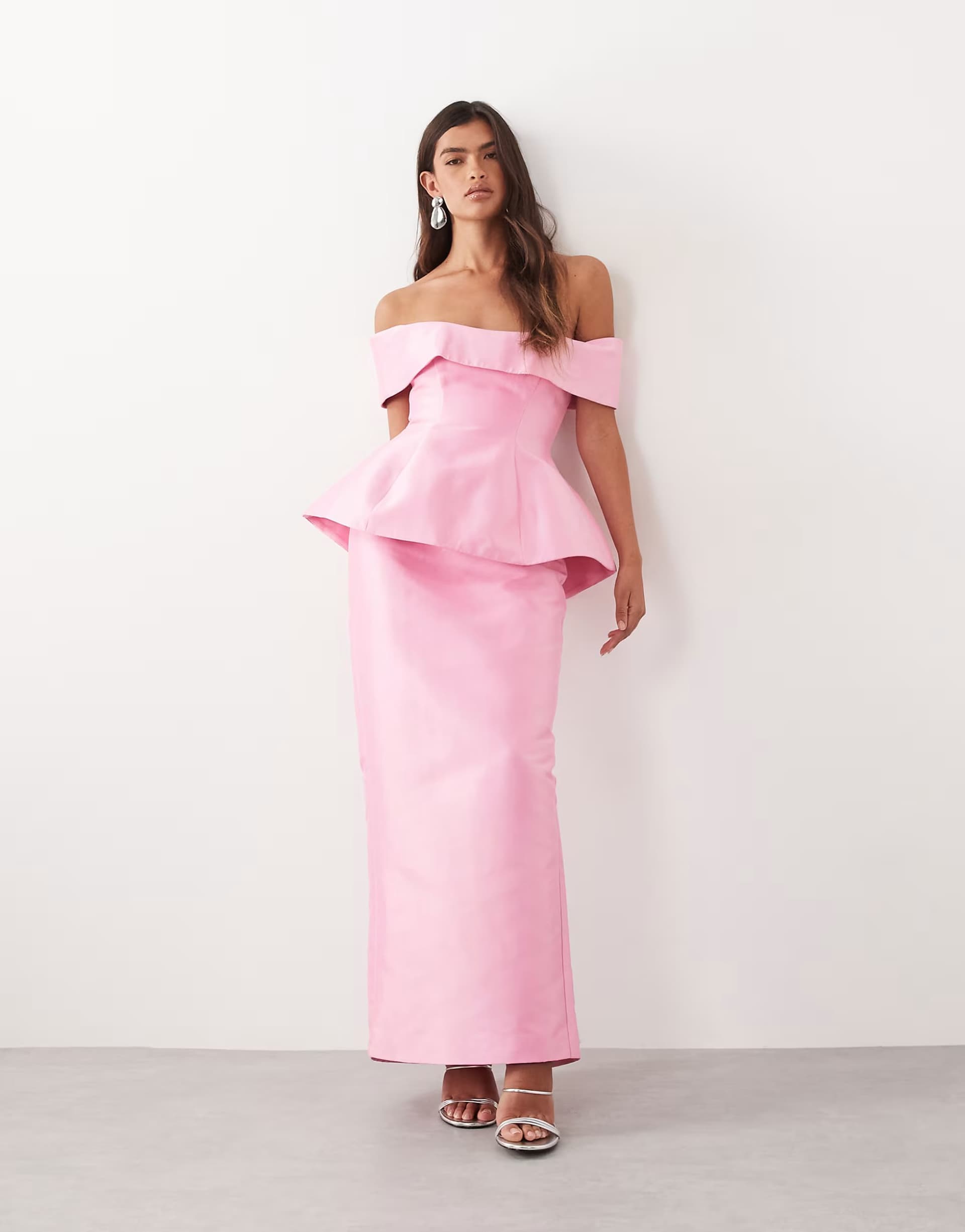ASOS ARRANGE structured off the shoulder satin maxi dress in pink