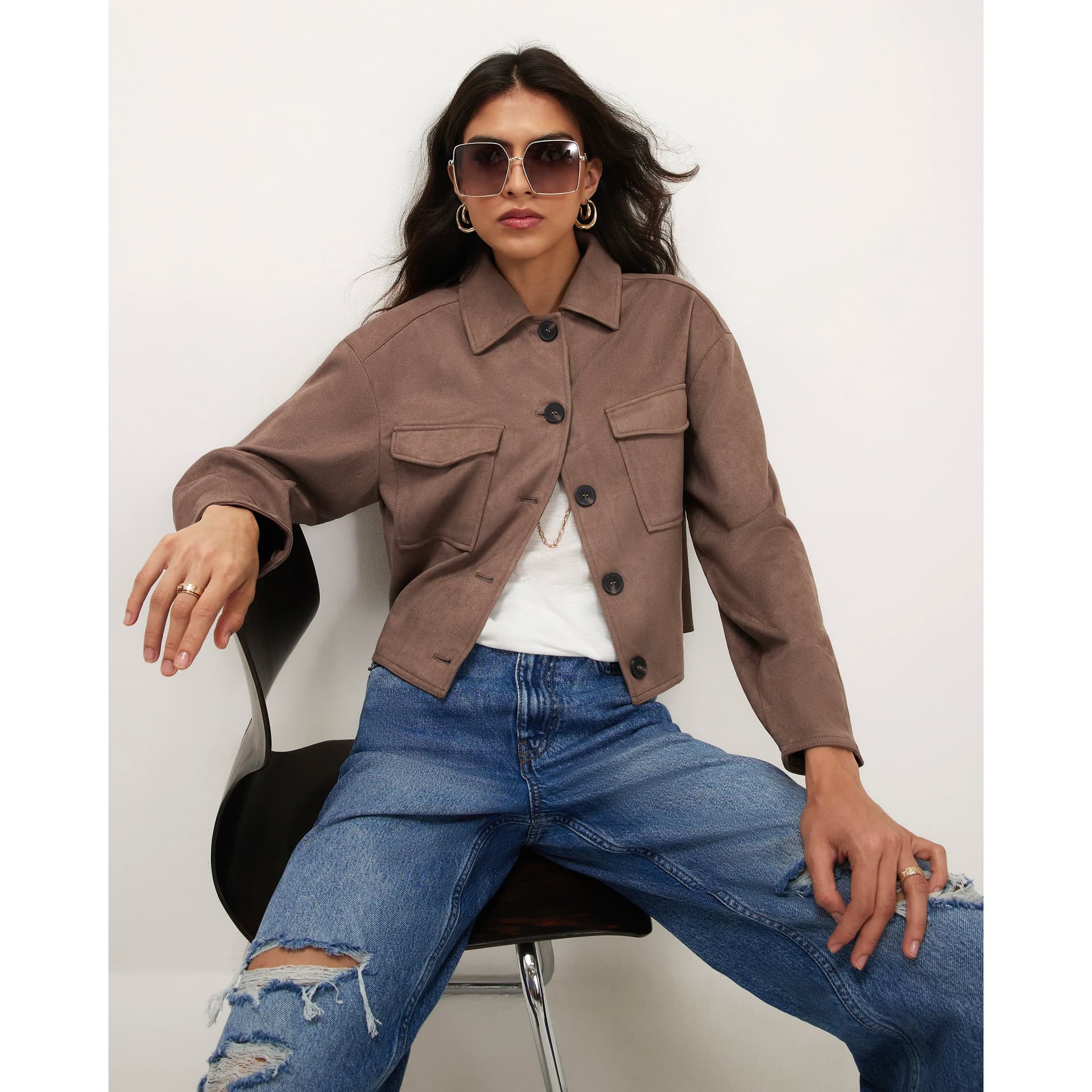 River Island River Island Womens Purple Faux Suede Utility Pocket Overshirt