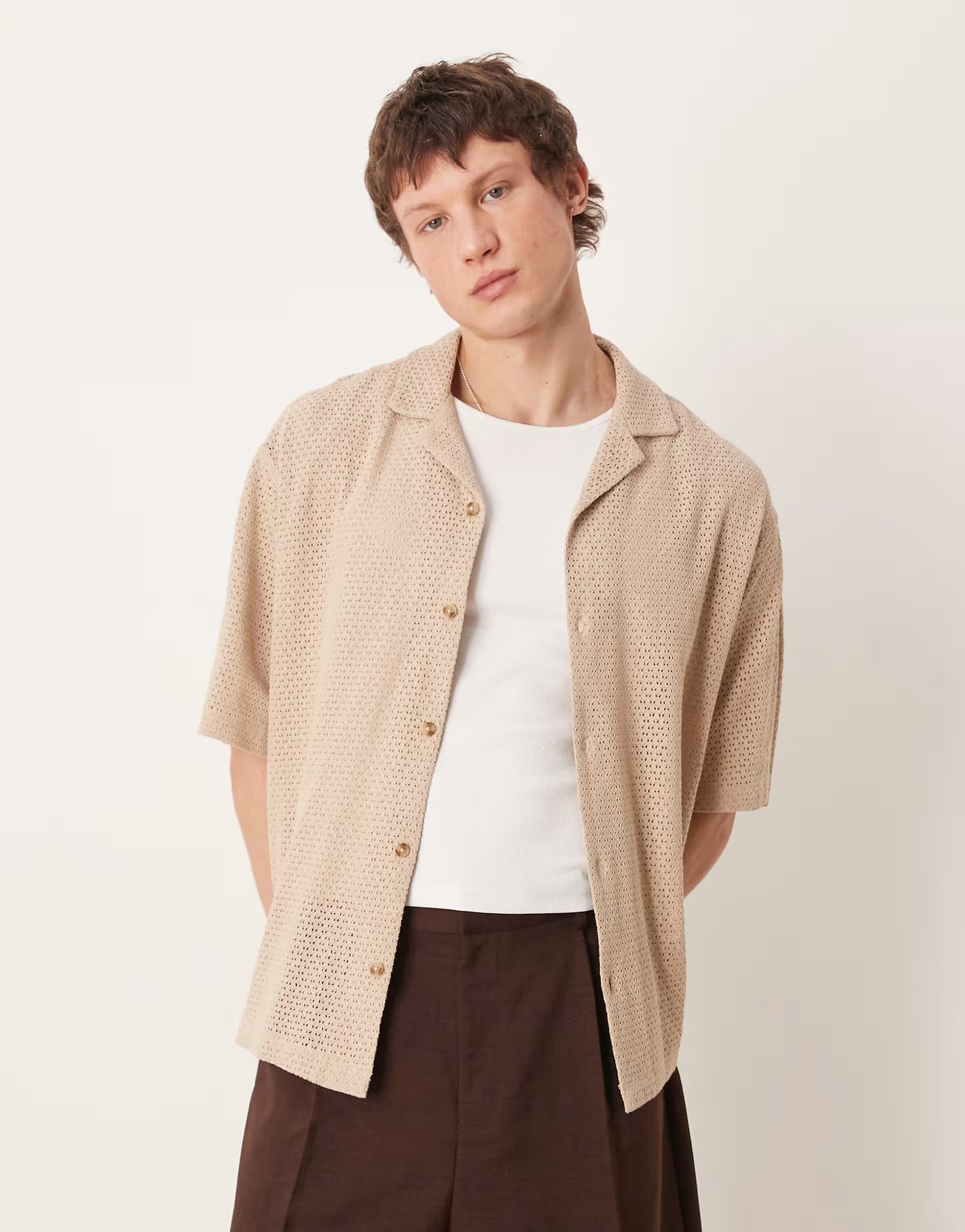 ASOS ASOS DESIGN oversized revere open texture shirt in beige