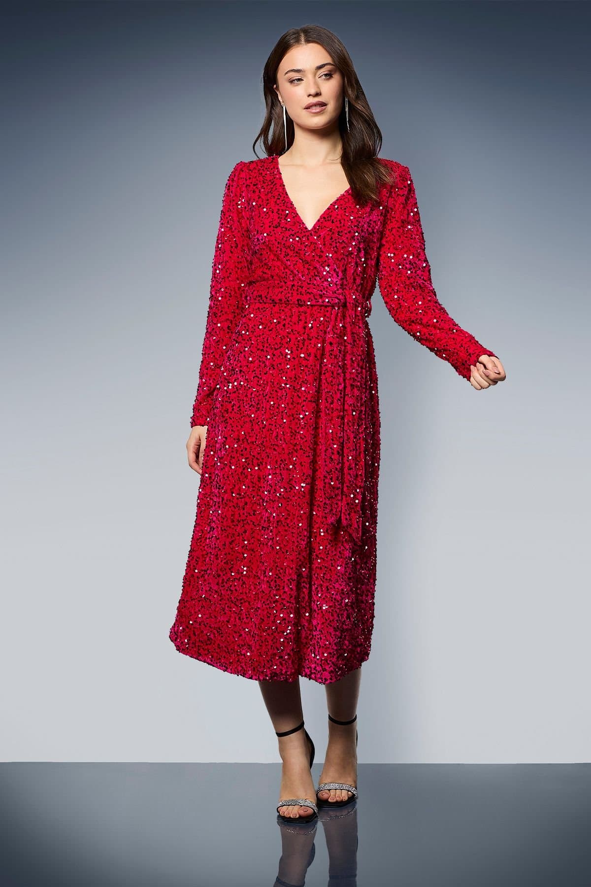 Dorothy Perkins Dorothy Perkins Women's Velvet Sequin Wrap Midi Dress in Hot Pink