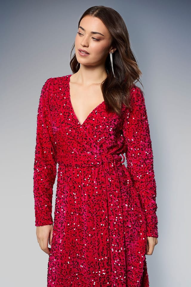 Dorothy Perkins Dorothy Perkins Women's Velvet Sequin Wrap Midi Dress in Hot Pink - 2