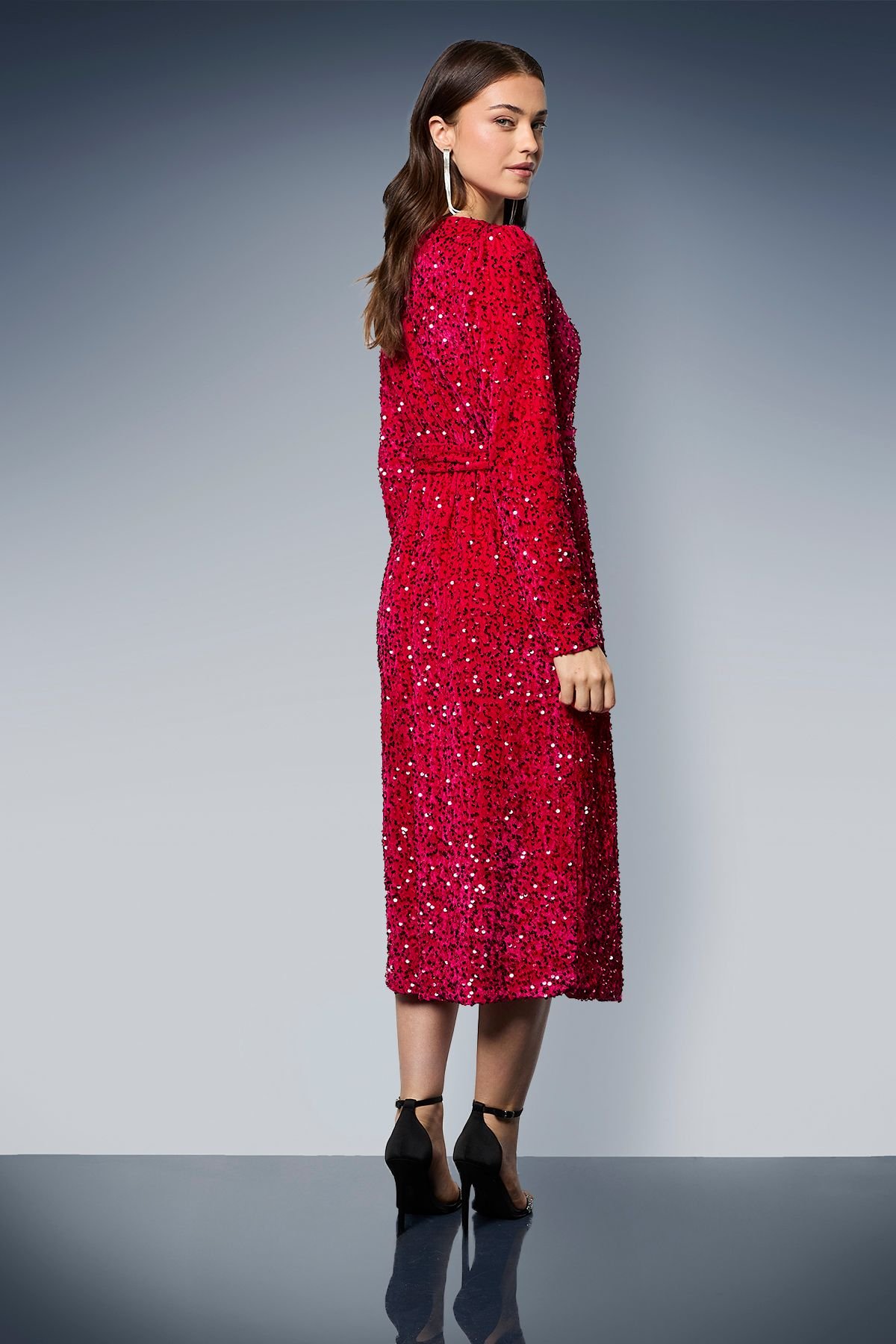 Dorothy Perkins Dorothy Perkins Women's Velvet Sequin Wrap Midi Dress in Hot Pink - 3