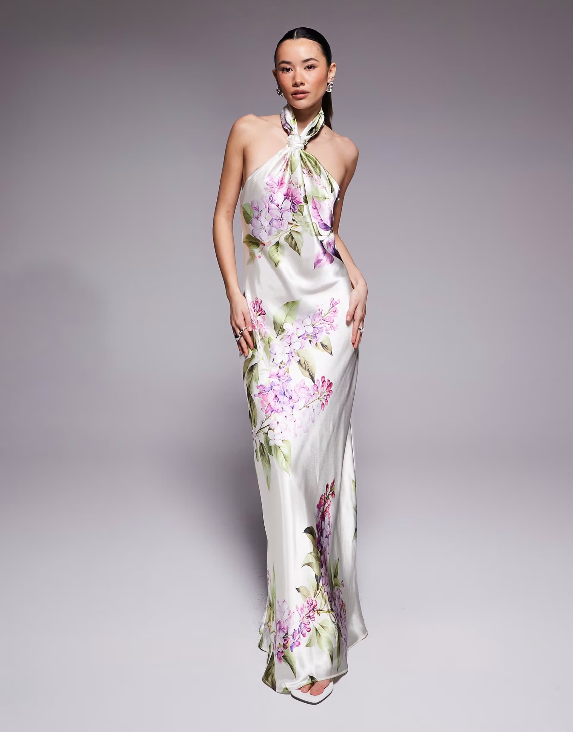 ASOS Forever New Petite halter neck satin maxi dress in cream floral print