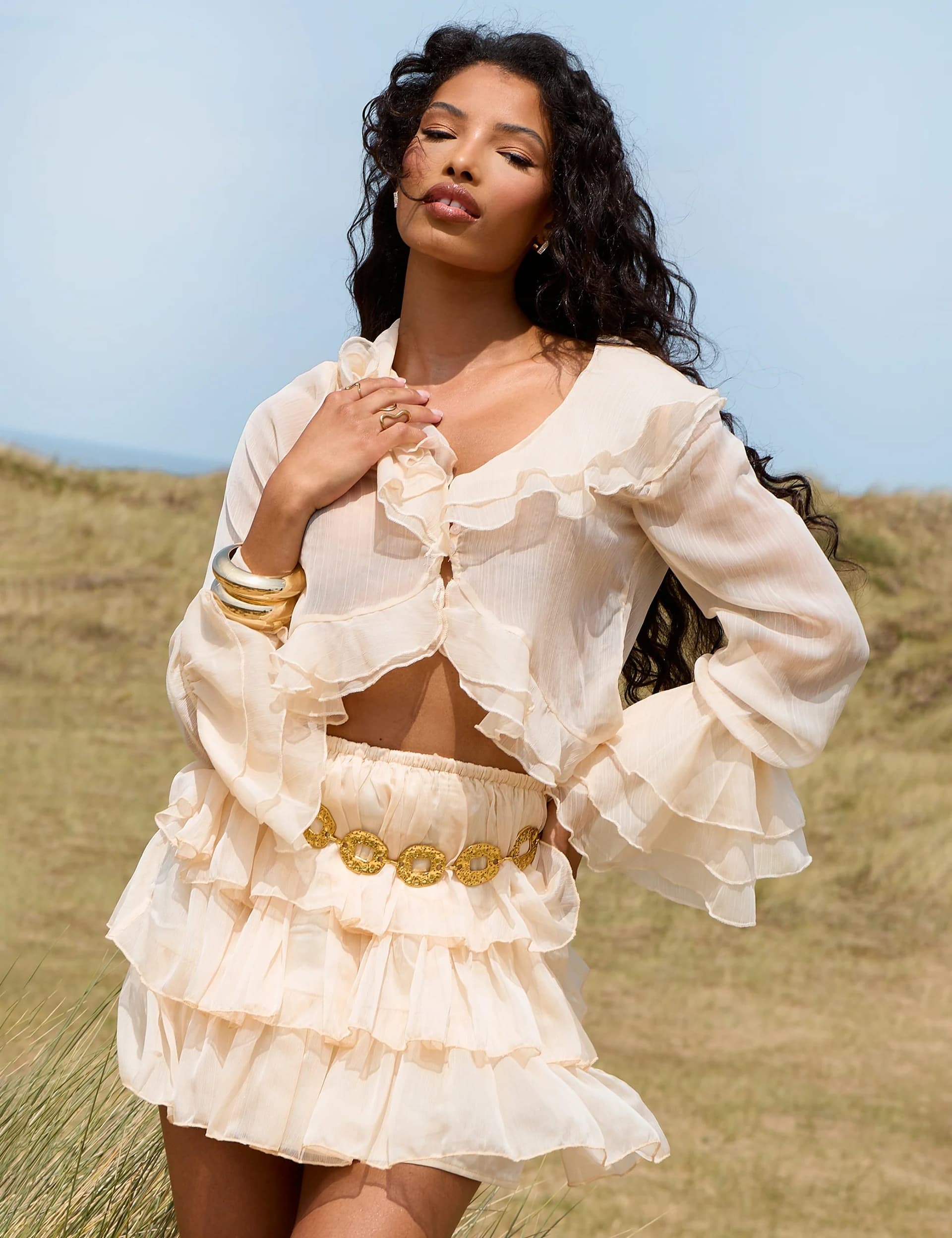 Public Desire Sheer Ruffled Long Sleeve Crop Top Stone