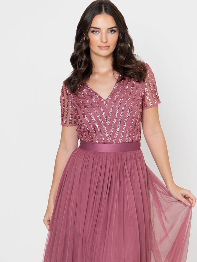 Maya Deluxe Maya Deluxe Women's Belted Stripe Embellished Maxi Dress in Rose - 2